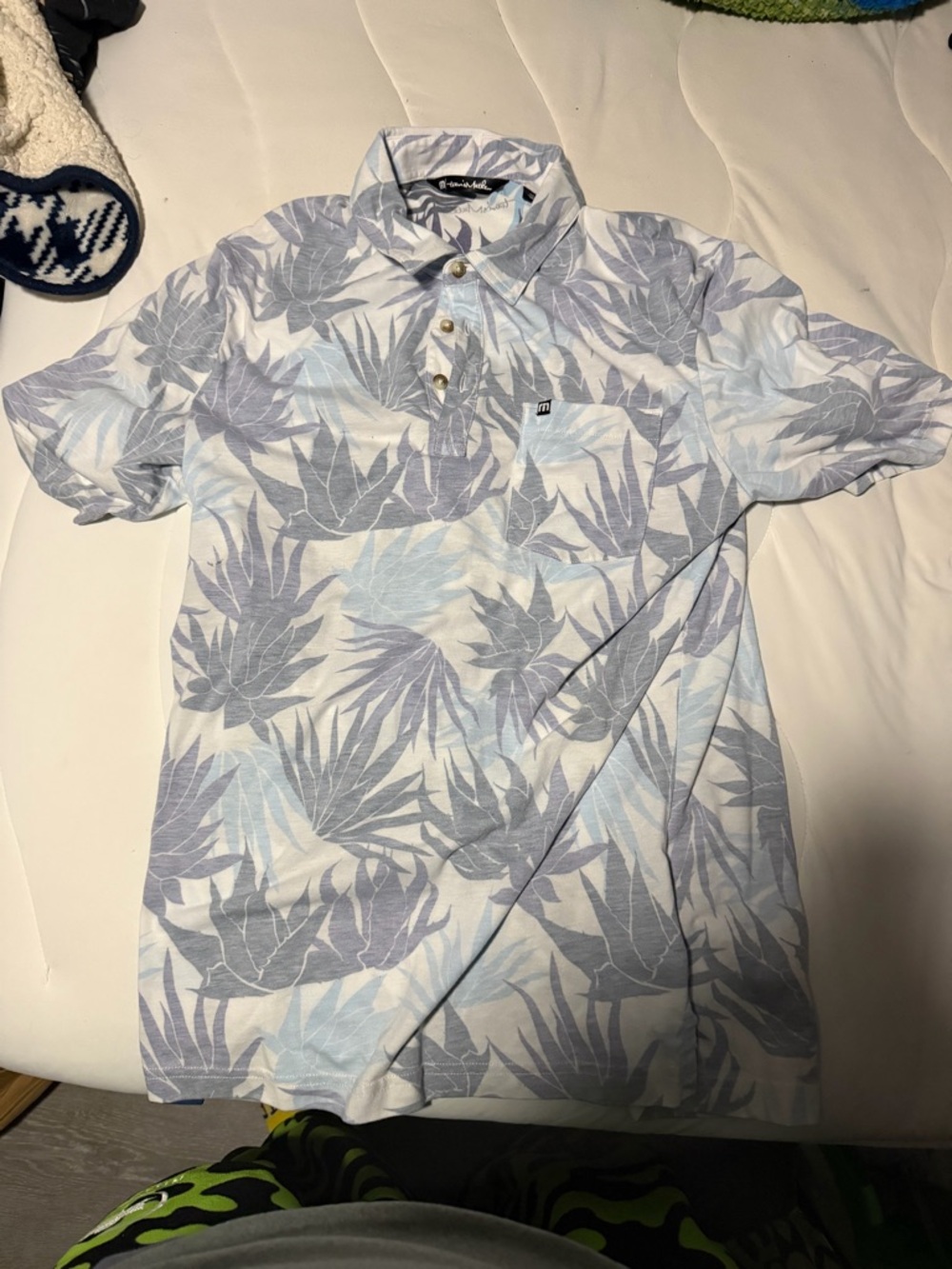Travis Mathew Light Blue & Gray Leaf Print Polo